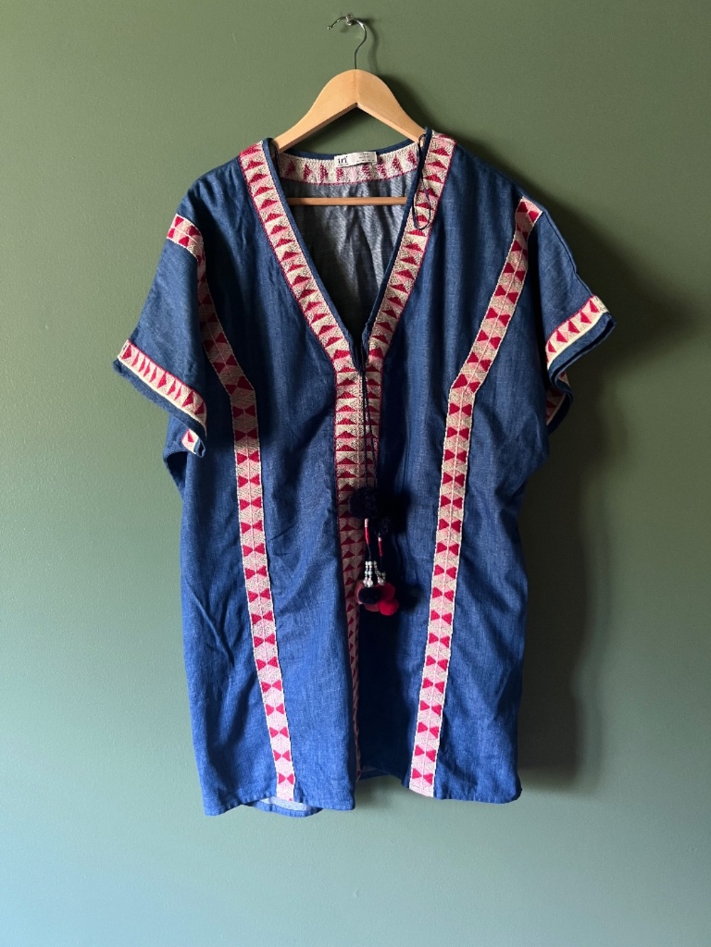 Denim Bohemian V Neck Mini Dress - Picture 1 of 5